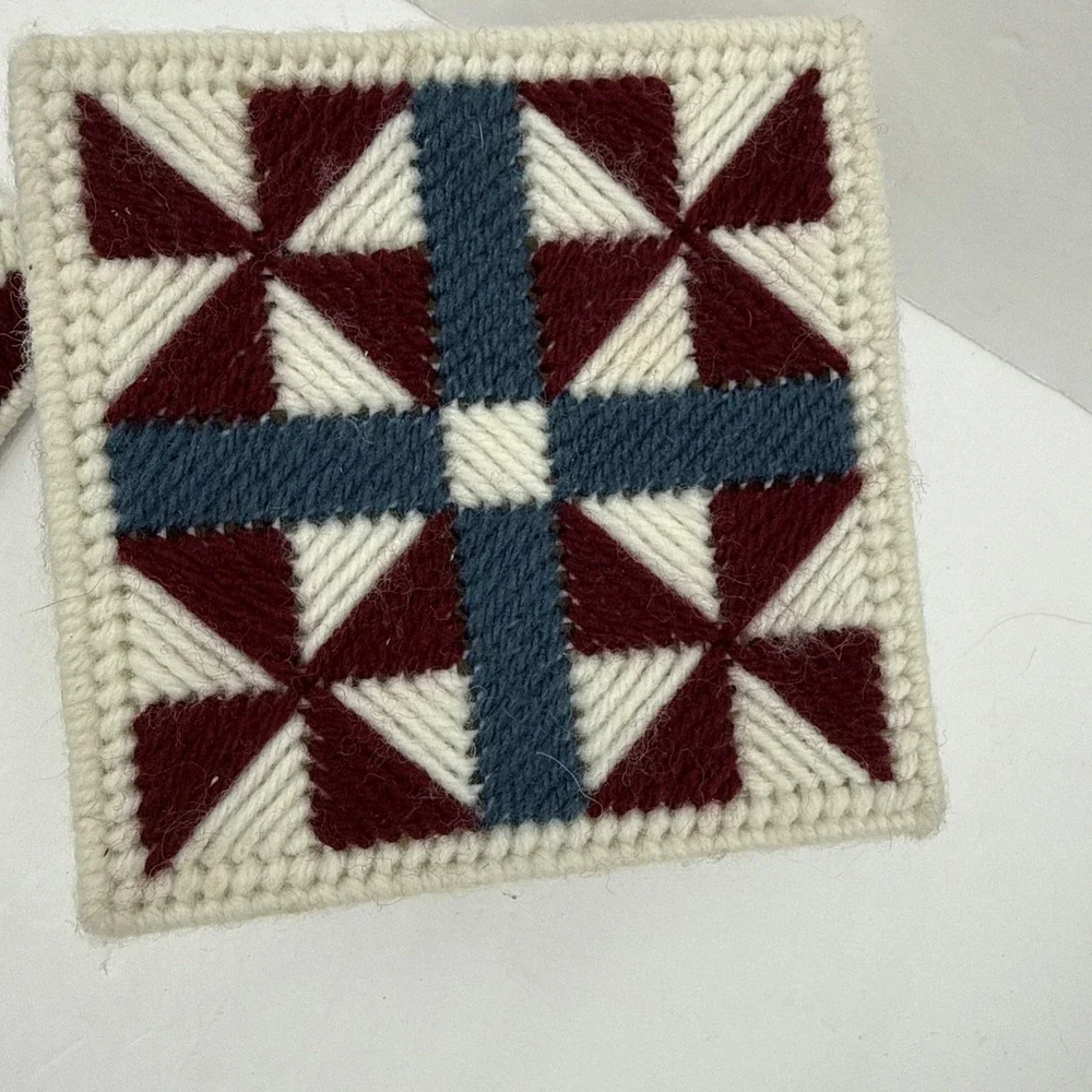Vintage Handmade Set of 6 Needlepoint Yarn‎ Quilt Block Coasters with Holder 4x4
